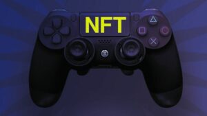 Imagem de uma controle de videogame com a palavra "NFT" escrita sobre ele