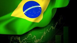 bandeira do brasil aparece ao lado de índice de ações crescendo