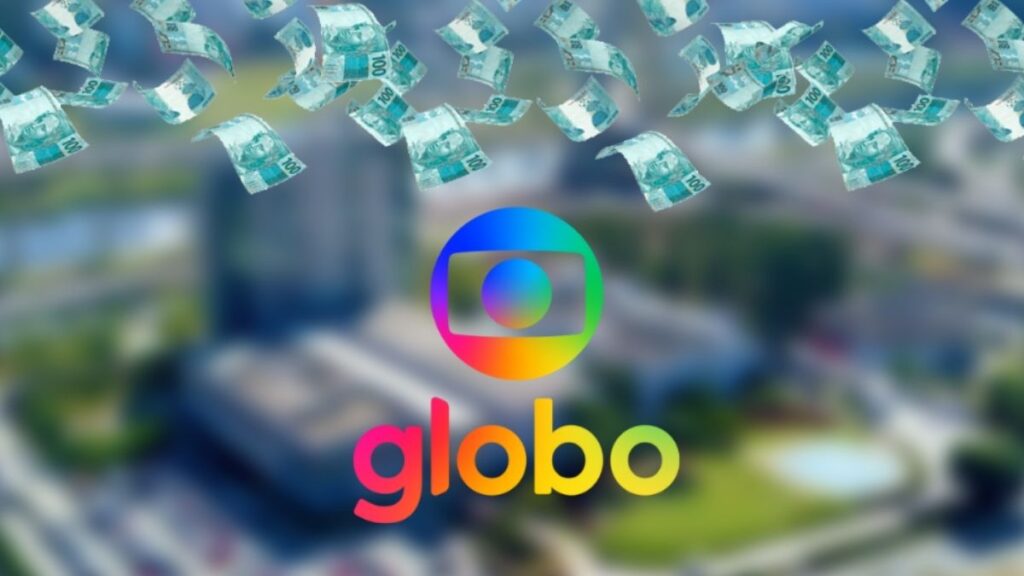 Imagem logotipo da tevê Globo abaixo de várias notas de cem reais sobrepostas a foto do terreno da emissora em São Paulo