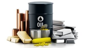 ilustração com elementos que são commodities como petróleo, milho e ouro