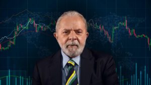 Montagem de foto do Lula com gráficos econômicos ao fundo