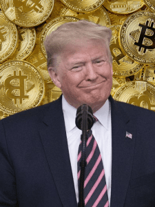 Donald Trump e Bitcoins no fundo